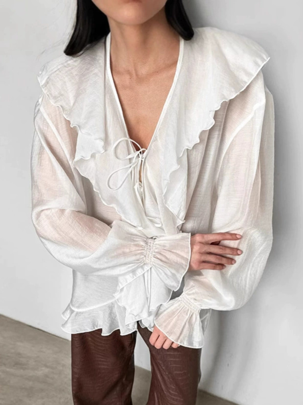 Forever 21 White Tencel Ruffled Collar Bell Sleeve Blouse